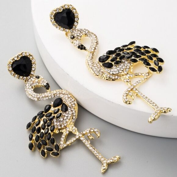 New BLACK RHINESTONE FLAMINGO EARRINGS - Picture 1 of 4